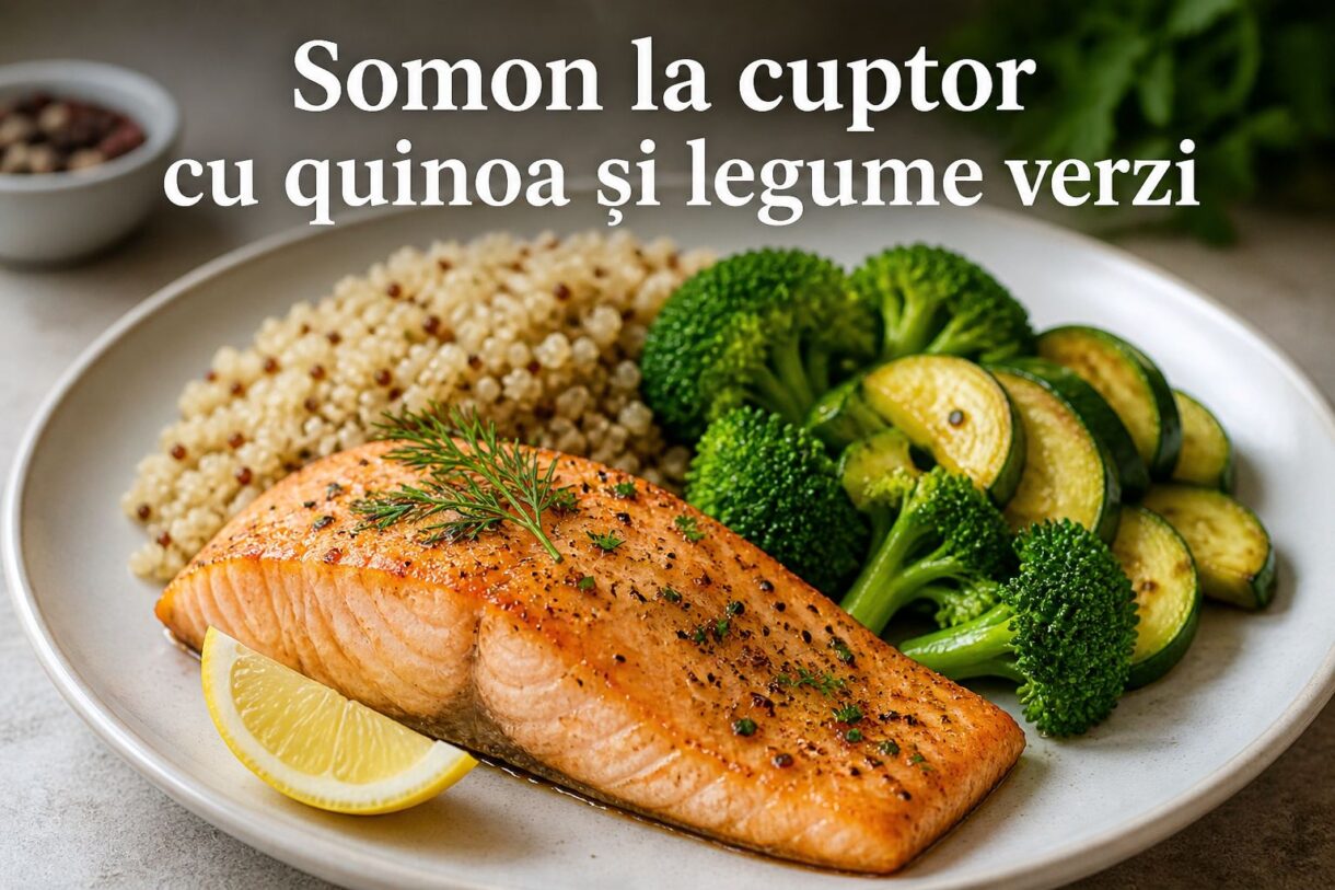 Somon la cuptor cu quinoa si broccoli