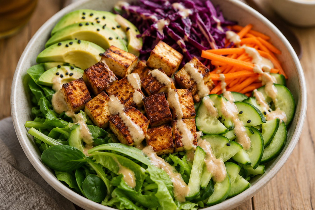 Bol cu tofu, avocado și legume proaspete